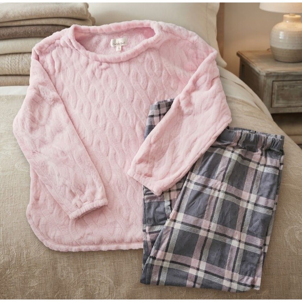 Cuddl Duds Women XL 2Pc Pajama Set Pink Cable Textured Fleece Top Plaid Pants